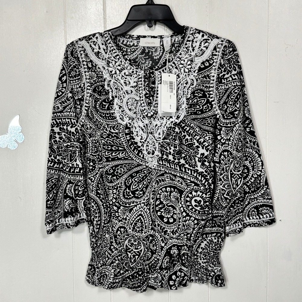Chicos‎ Floral Panache Janna Top Black White Paisley 3/4 Sleeve Size 0 (Small)